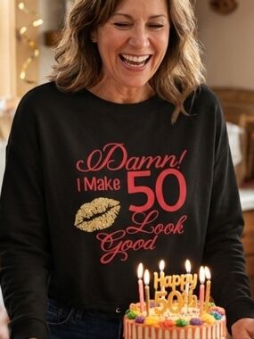 50th Birthday Cropped Pullover - Gold Glitter & Red Lips - Size Large